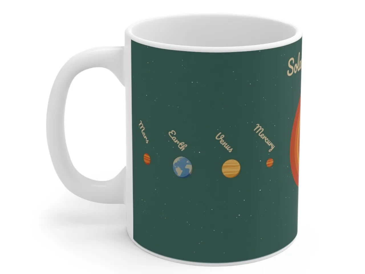 Retro Solar System Mug - Green Design - Vintage Space Coffee, Tea Cup