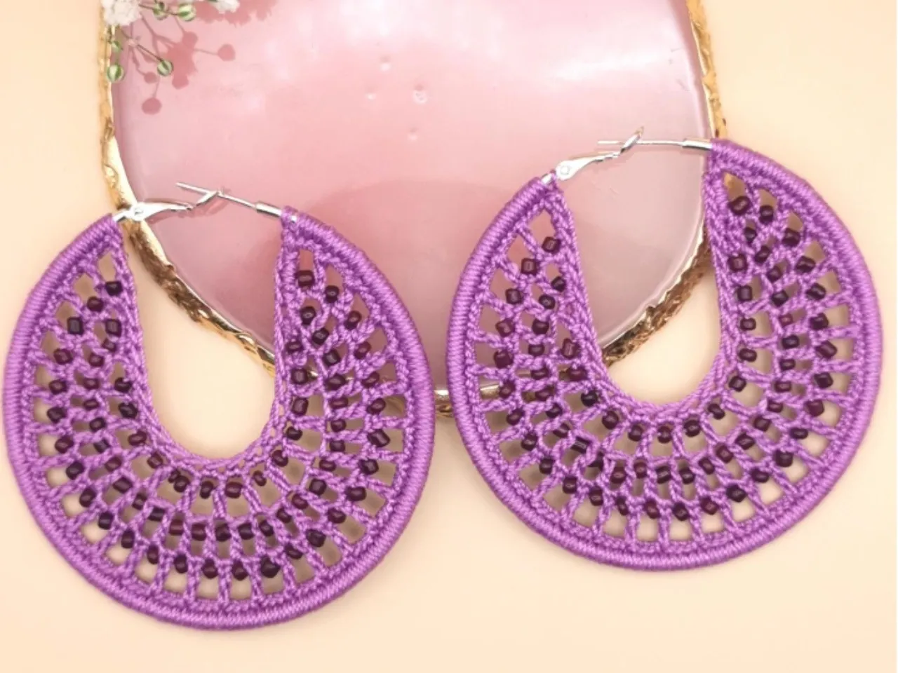 Crochet Hoop Earrings with Beads – Handmade 100% Cotton – Vibrant Summer Colours – Lightweight Stat
