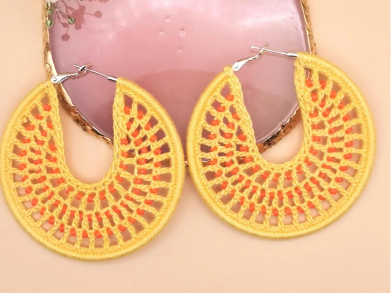 Crochet Hoop Earrings with Beads – Handmade 100% Cotton – Vibrant Summer Colours – Lightweight Stat